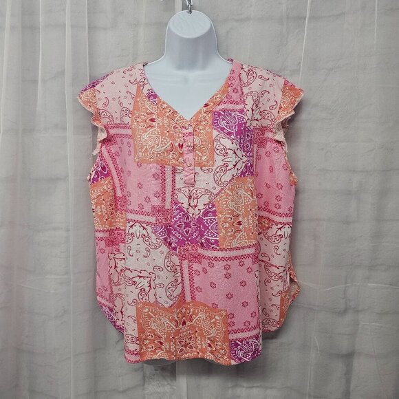 Hester & Orchard Pink Bandana Patchwork Peasant Blouse Boho Hippie XL - Picture 1 of 13